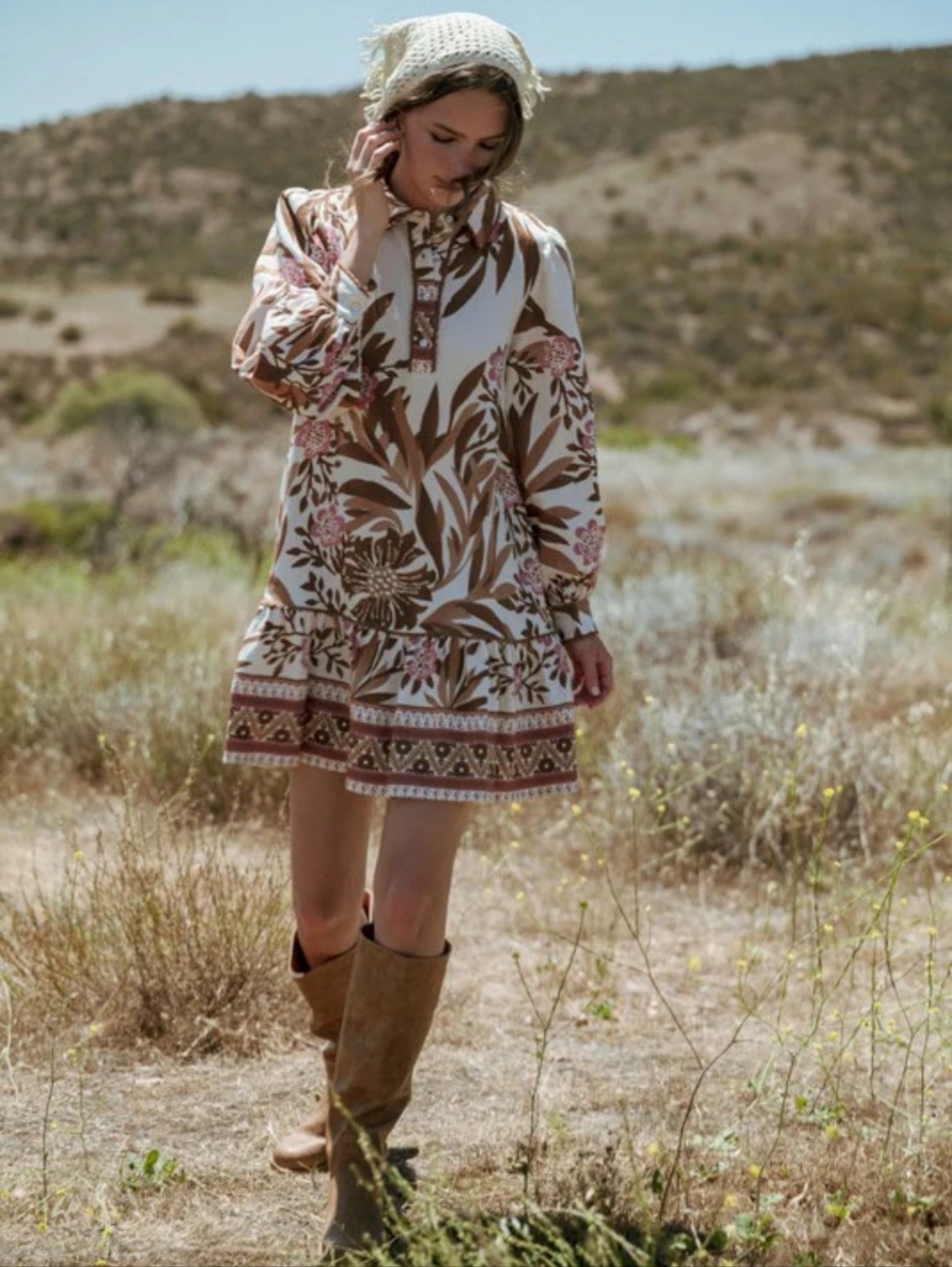 Jodifl Avery Vanilla Floral Print Half Button Up Dress Long Sleeves